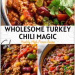 A bowl of hearty Dutch oven turkey chili with lean ground turkey, beans, and colorful veggies.